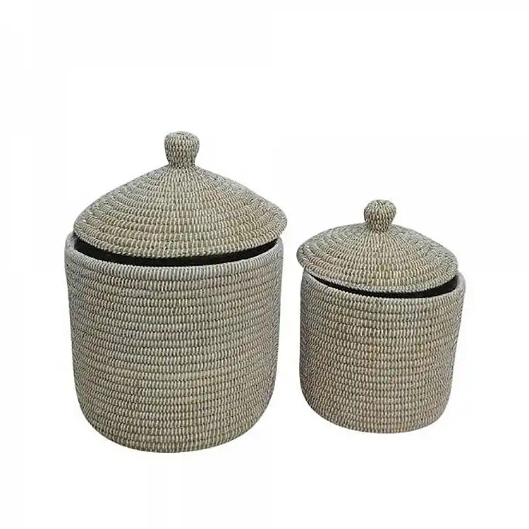 LIBERTA NILE ROUND ΚΑΛΑΘΙ ΜΕ ΚΑΠΑΚΙ SET 2ΤΜΧ 37x37x38cm KANSGRASS ΦΥΣΙΚΟ ΛΕΥΚΟ PVC