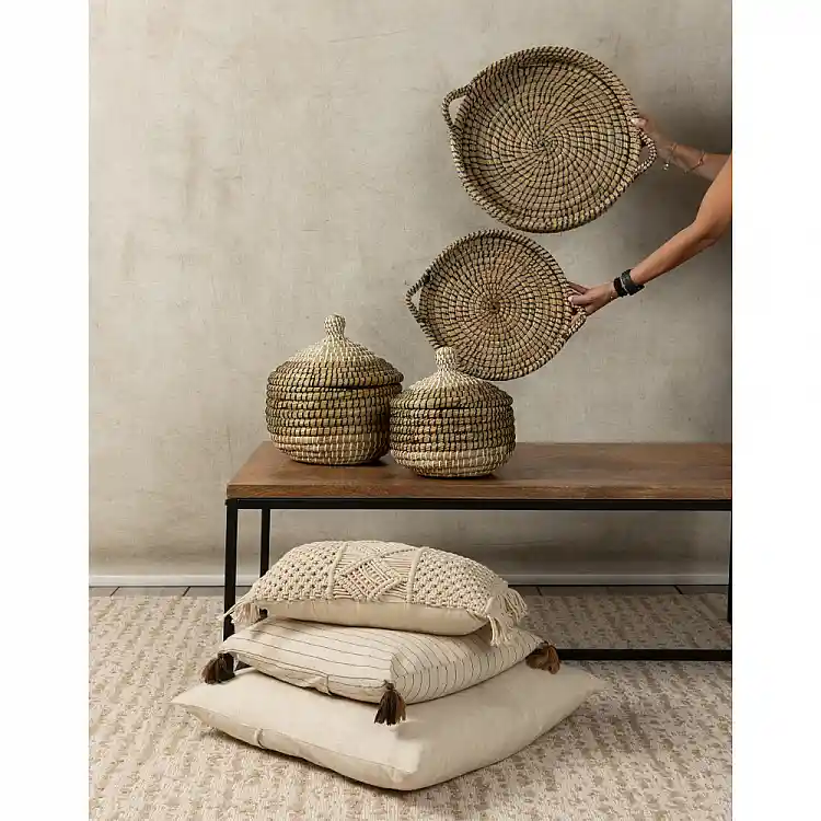 LIBERTA NILE PLEX ΚΑΛΑΘΙ ΜΕ ΚΑΠΑΚΙ SET 2ΤΜΧ 30x30x32cm KANSGRASS ΦΥΣΙΚΟ ΜΑΥΡΟ PVC