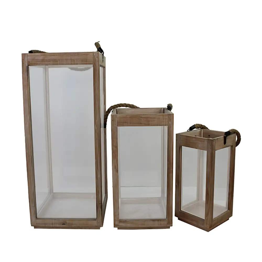 LIBERTA GAMAR ΦΑΝΑΡΙ SET 3ΤΜΧ 25x25x60cm ΞΥΛΟ ΦΥΣΙΚΟ ΓΥΑΛΙ