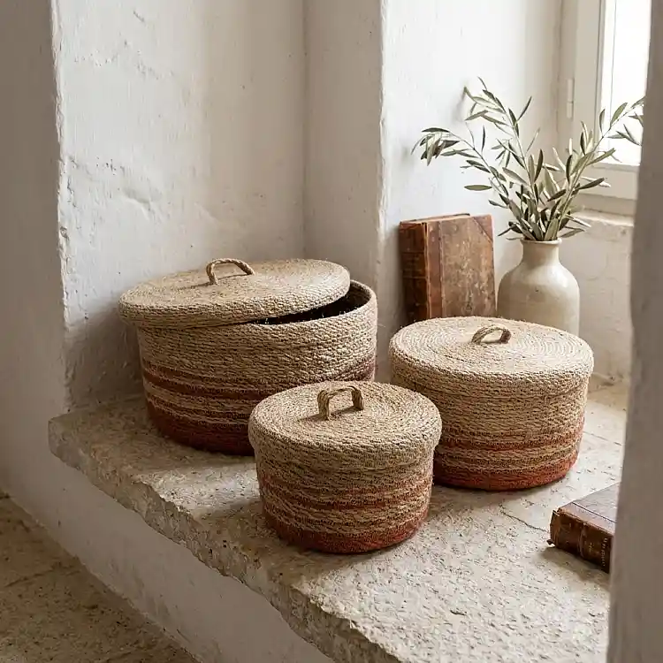 LIBERTA CASSIA ΚΟΥΤΙ ΑΠΟΘΗΚΕΥΣΗΣ ΣΕΤ 3ΤΜΧ 33x33x16cm SEAGRASS ΦΥΣΙΚΟ TERRACOTTA