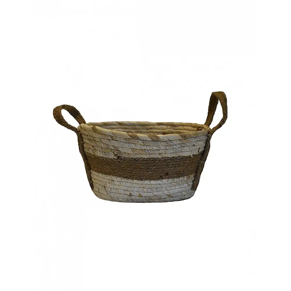 Καλάθι οβάλ ψάθινο εκρού με καφέ 27x20x15