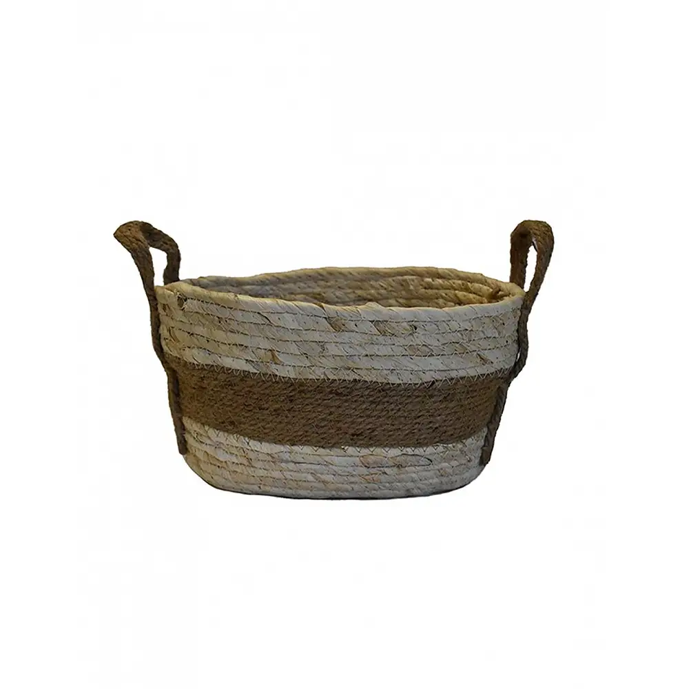 Καλάθι οβάλ ψάθινο εκρού με καφέ 32X22X17