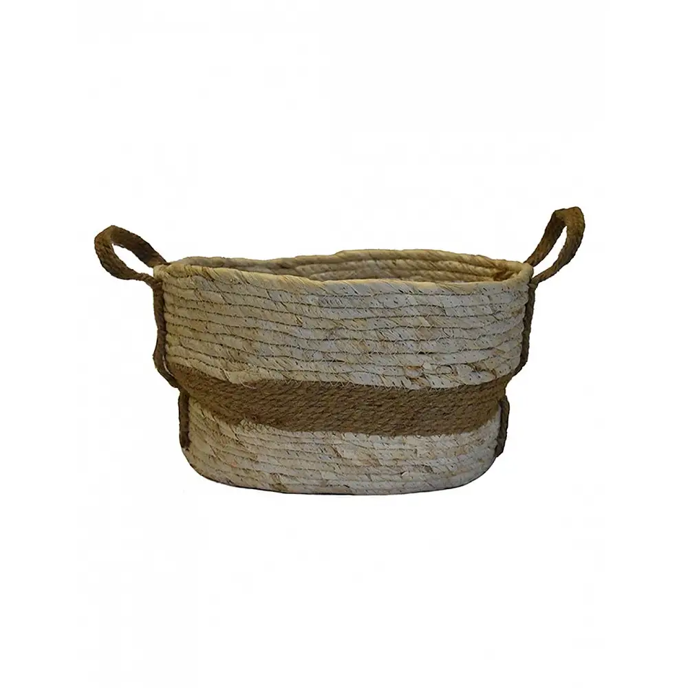 Καλάθι οβάλ ψάθινο εκρού με καφέ 37X27X20