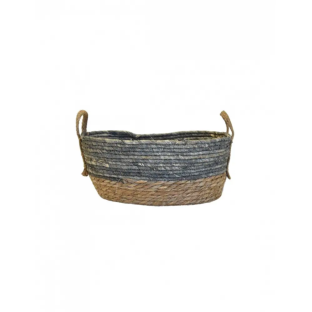 Καλάθι ψαθινο φυσικό με γκρι οβάλ 38x28x17
