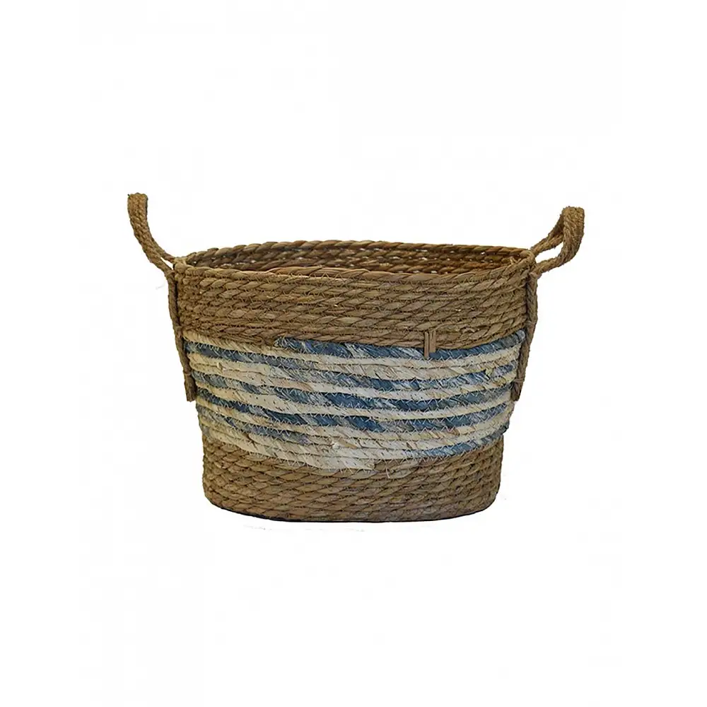 Καλάθι ψάθινο φυσικό γκρί ρίγα 34x26x24