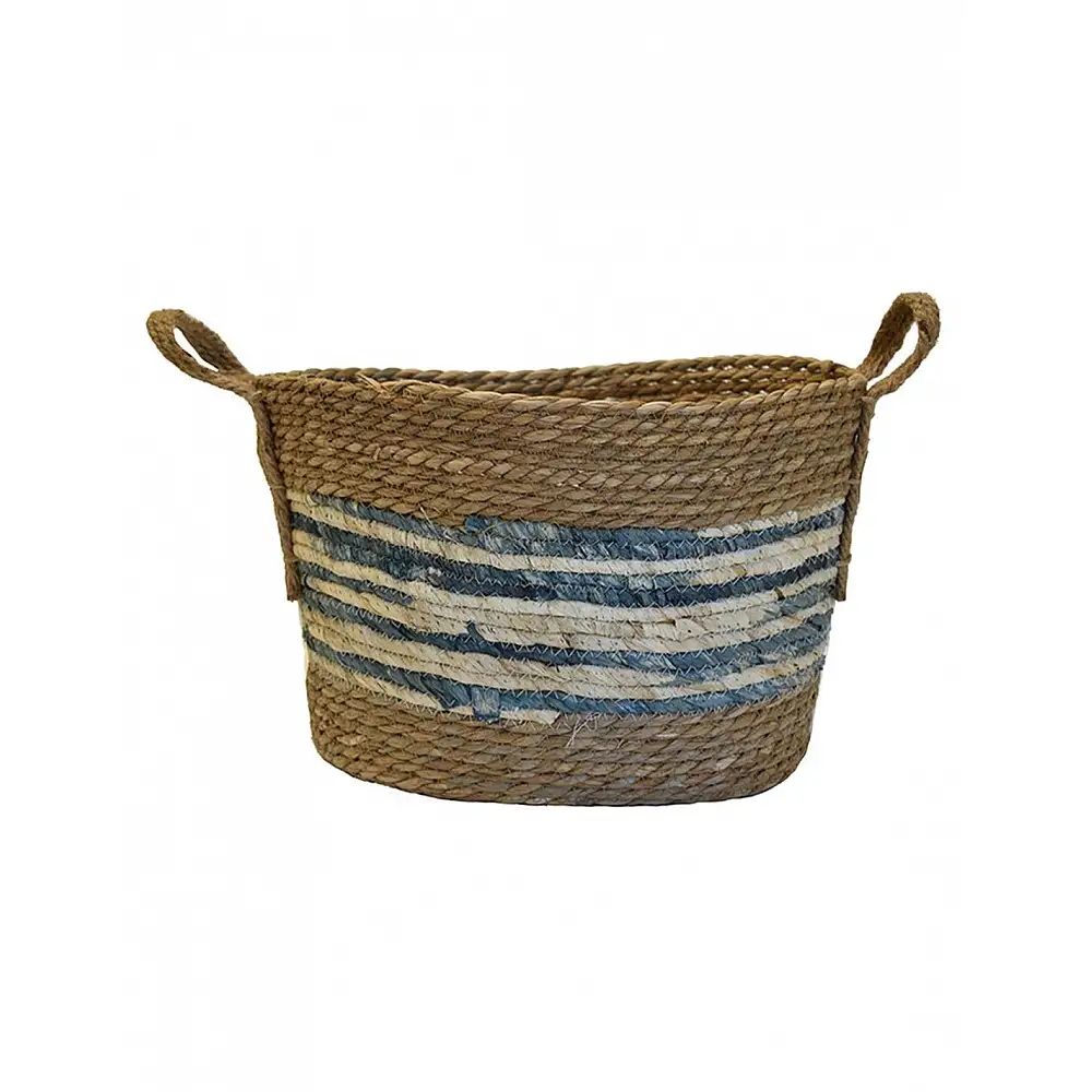 Καλάθι ψάθινο φυσικό γκρί ρίγα 38x30x27