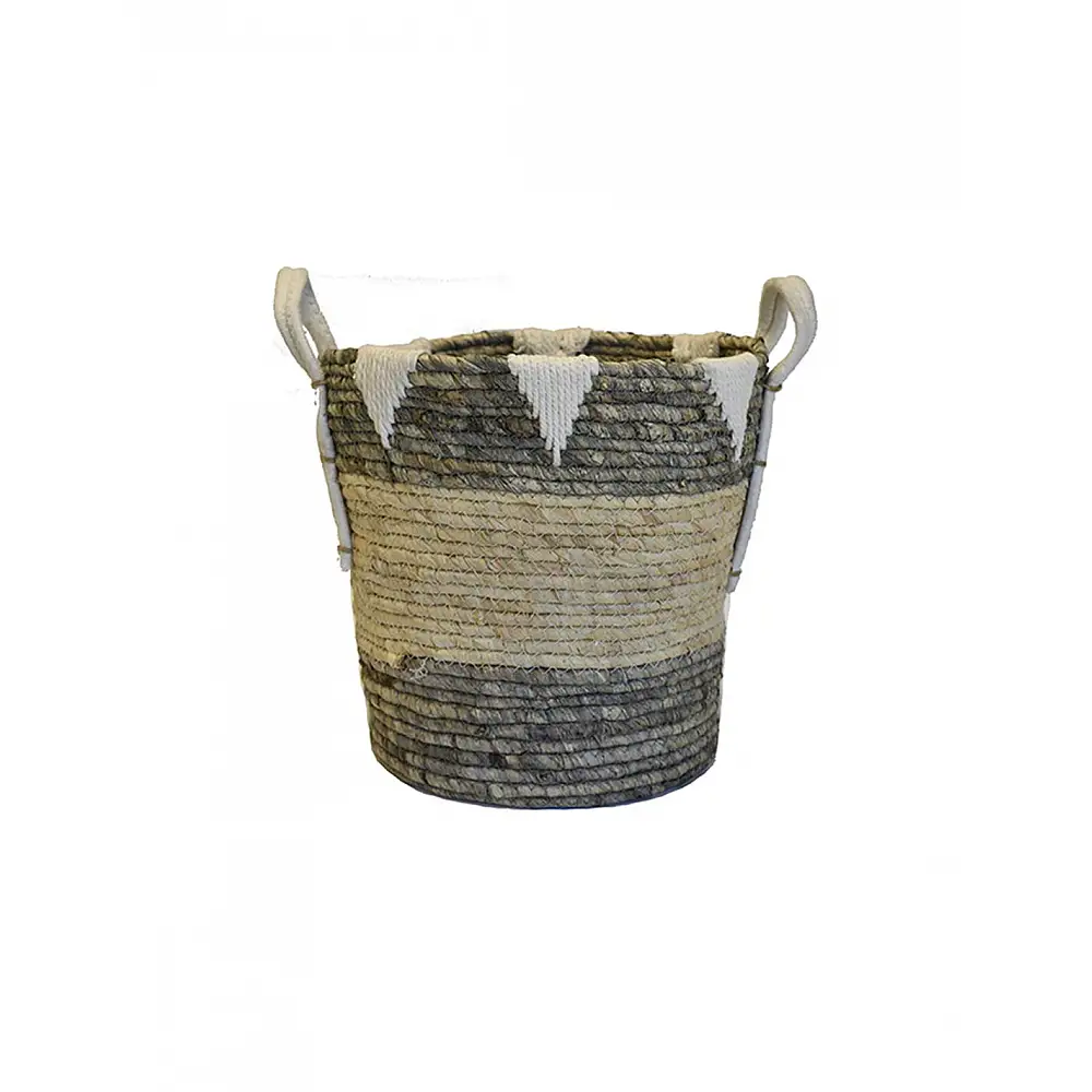 Καλάθι ψάθινο λευκό με γκρι τελείωμα 31x32