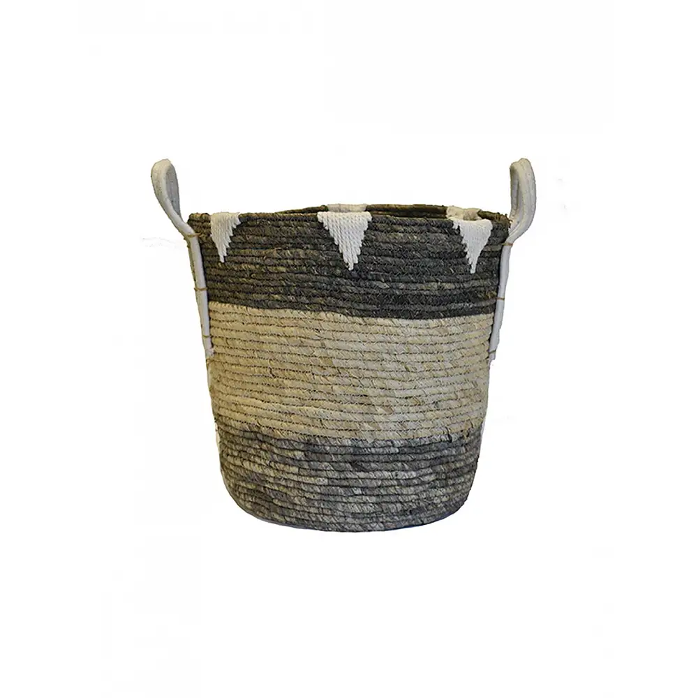 Καλάθι ψάθινο λευκό με γκρι τελείωμα 35x37