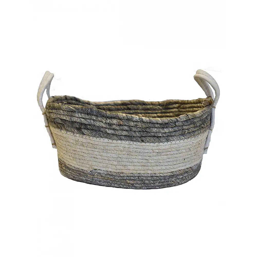 Καάθι ψάθινο λευκό με γκρι τελείωμα οβάλ 38x28x17