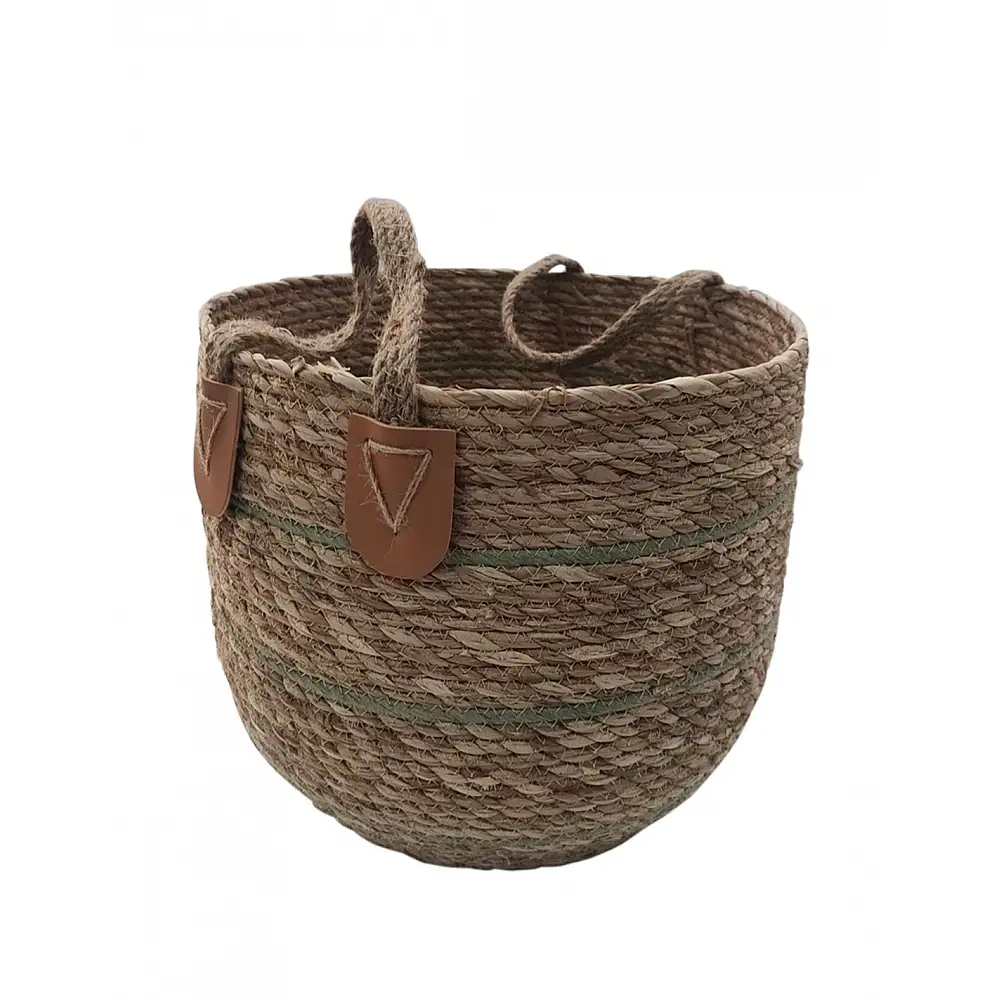 Καλάθι ψάθινο καφέ με ρίγα λαδί 34x31