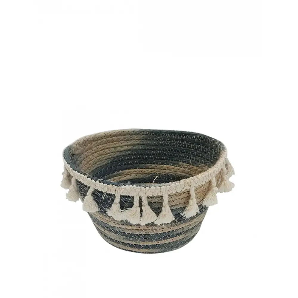 Καλάθι ψάθινο οβάλ φυσικό ριγέ μπλε με φούντες 20x16x12