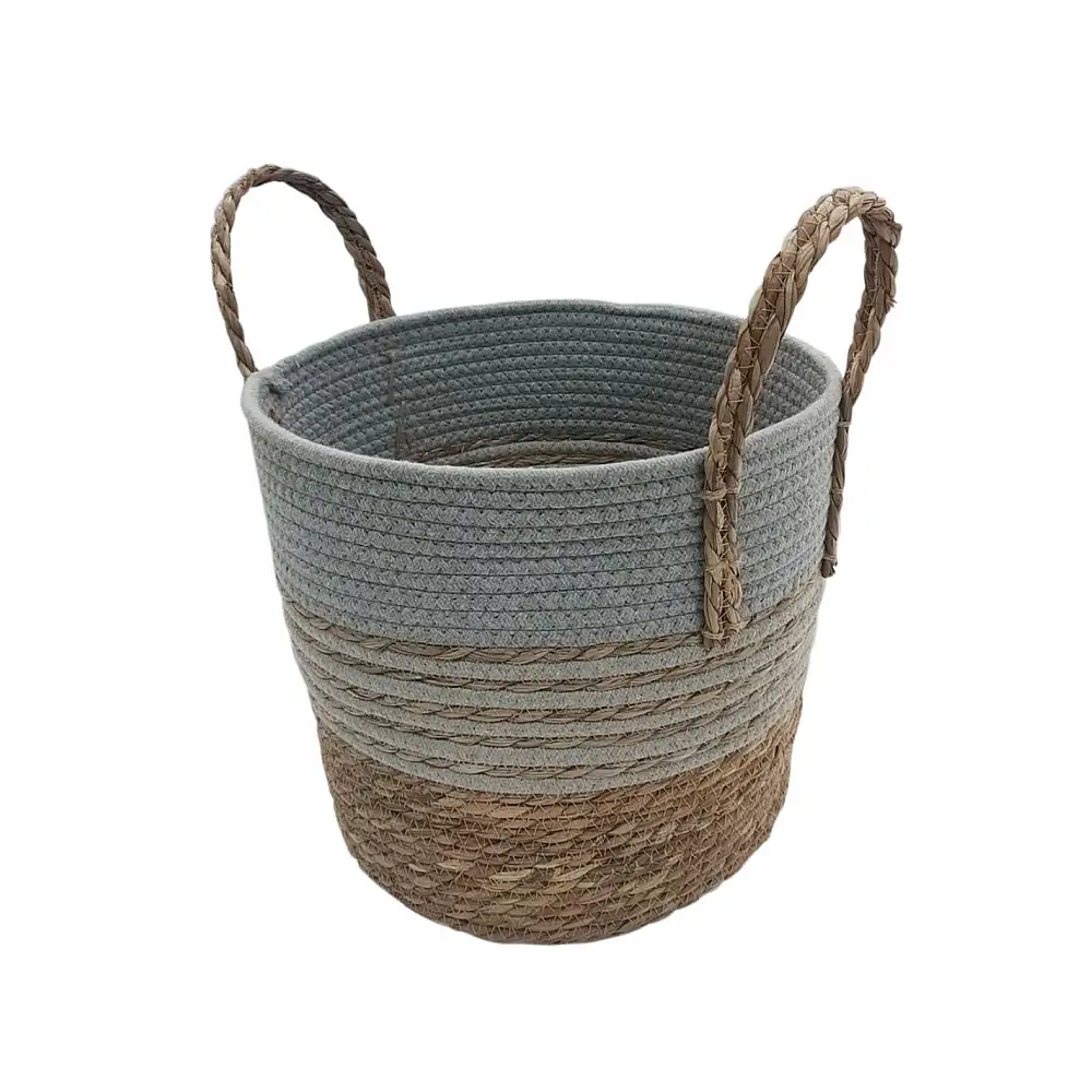 Καλάθι ψάθινο φυσικό με ρίγες & φάσα γκρι 33X30/39