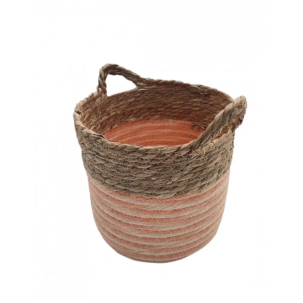 Καλάθι ψάθινο φυσικό με ρίγα ποστοκαλί 28x21,5/25,5