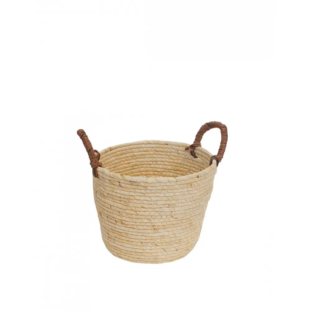 Καλάθι ψάθινο εκρού/καφέ χερούλια Φ25Η19,5/27cm