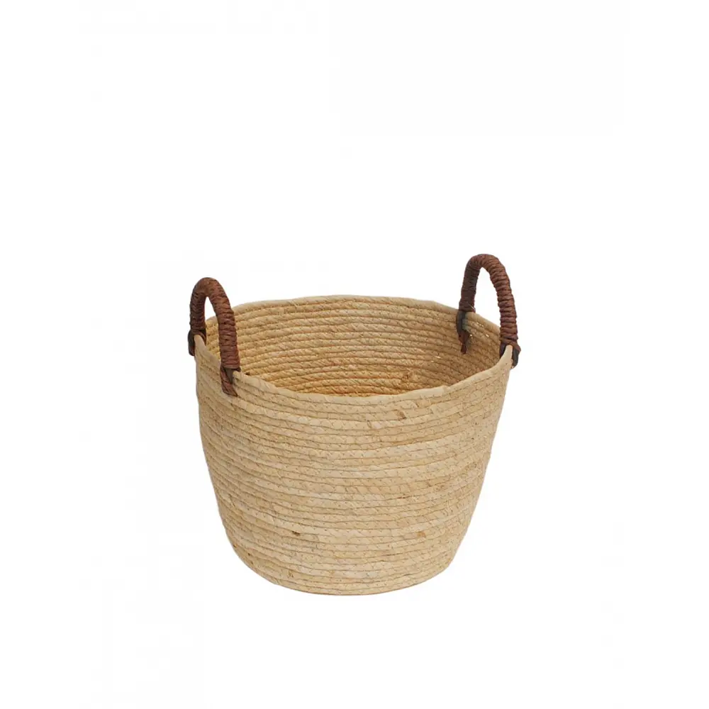 Καλάθι ψάθινο εκρού/καφέ χερούλια Φ30Η24/33cm