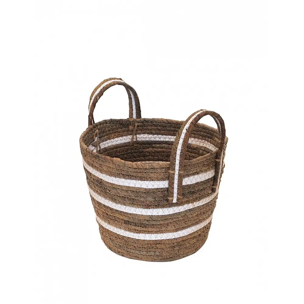 Καλάθι ψάθινο ριγέ καφέ/εκρού Φ25Η19,5/27,5cm