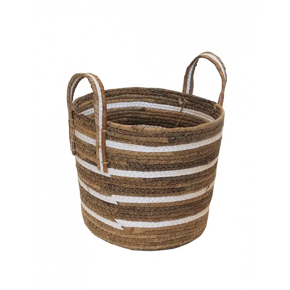Καλάθι ψάθινο ριγέ καφέ/εκρού Φ30Η25,5/35cm