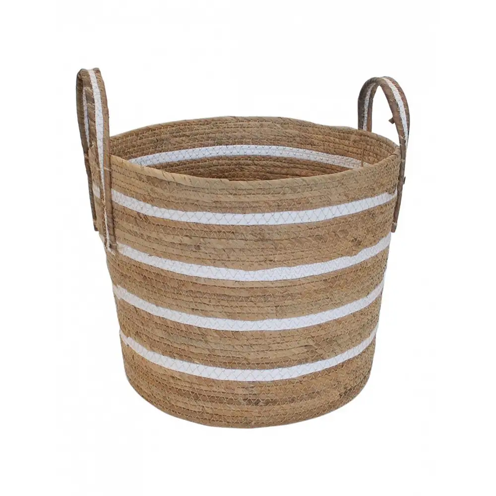 Καλάθι ψάθινο ριγέ καφέ/εκρού Φ36Η30/40cm