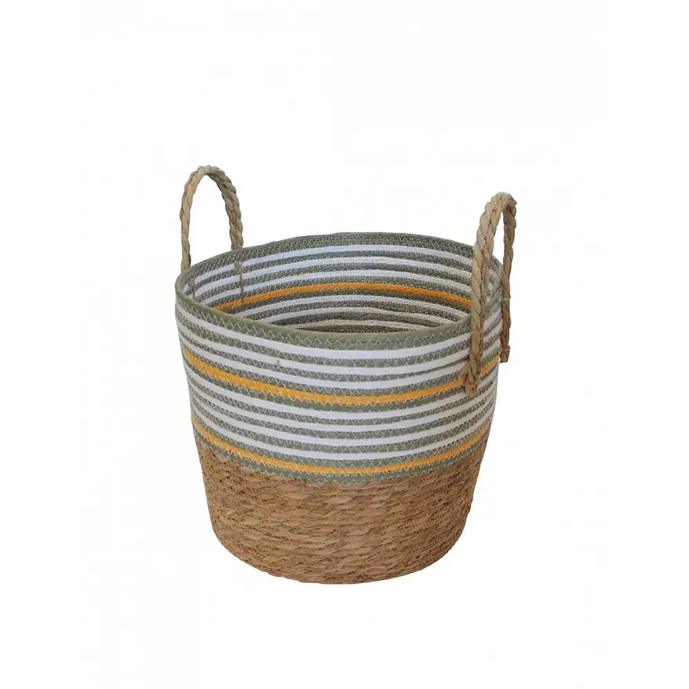 Καλάθι ψάθινο Raffia φυσικό-λαδί-λευκό Φ34H30/40cm