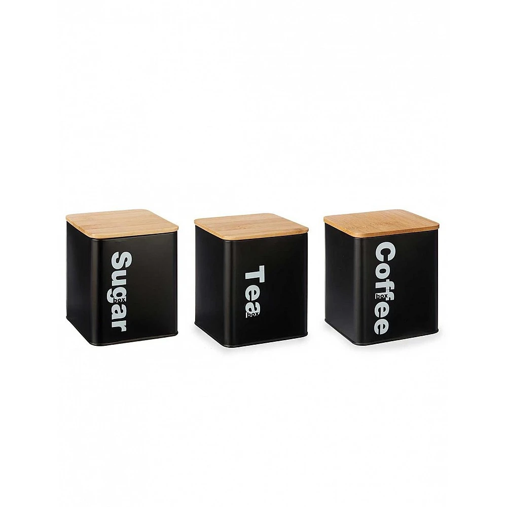 Δοχεία αποθ. μεταλλικό μαύρο/bamboo καπάκι 1,3l/15x11,5x36cm σετ /3