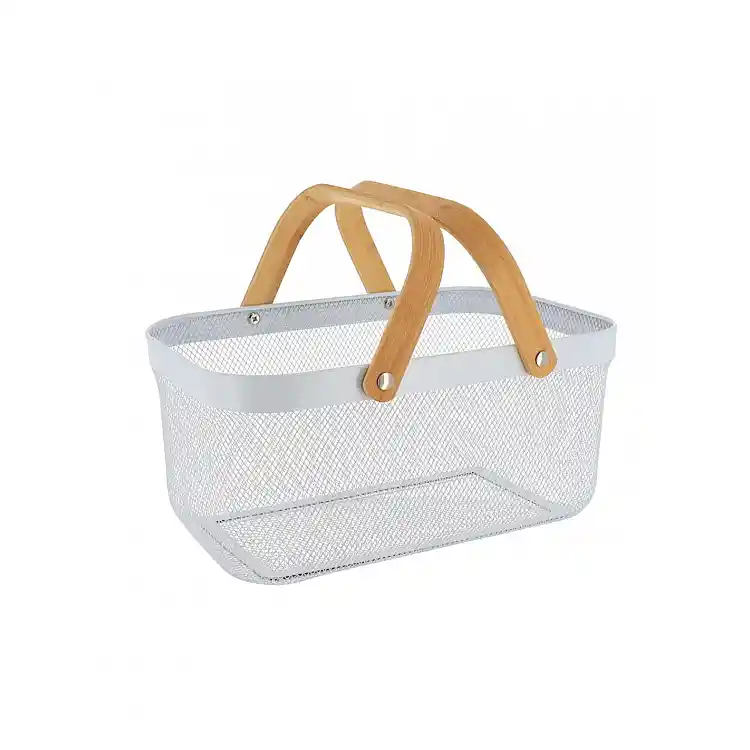 Kαλάθι μεταλλικό  Λευκό με bamboo χέρι 39x25x19,5