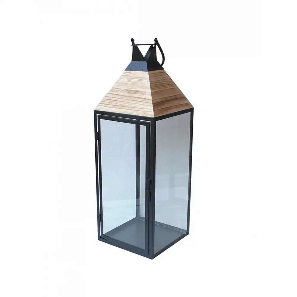 Φανάρι μεταλλικό μαύρο/ξύλινη σκεπή 22X22X64. 5cm
