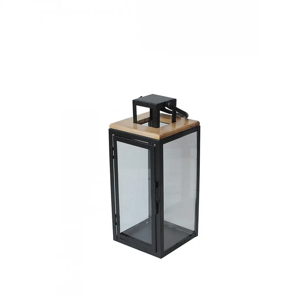 Φανάρι μεταλλικό μαύρο/ξύλινο καπάκι 13X13X31. 5cm