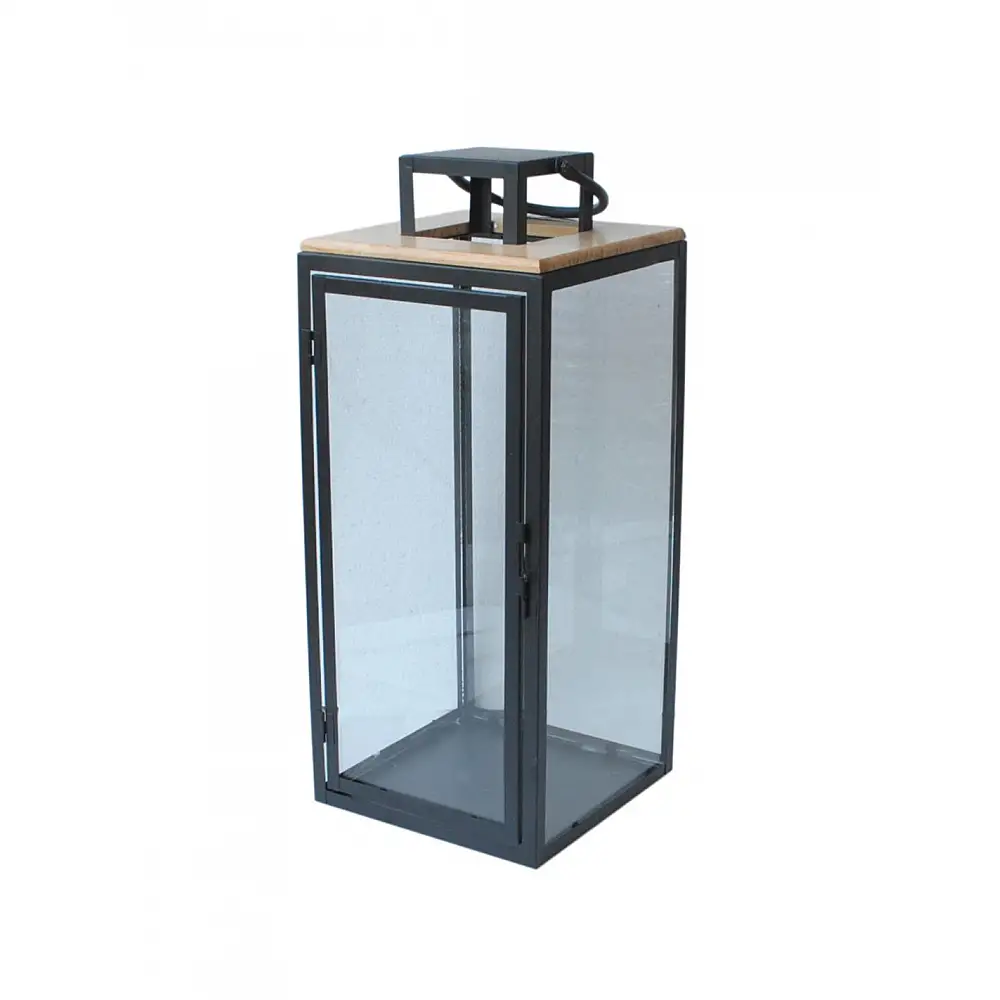 Φανάρι μεταλλικό μαύρο/ξύλινο καπάκι 20. 5X20. 5X49. 5cm