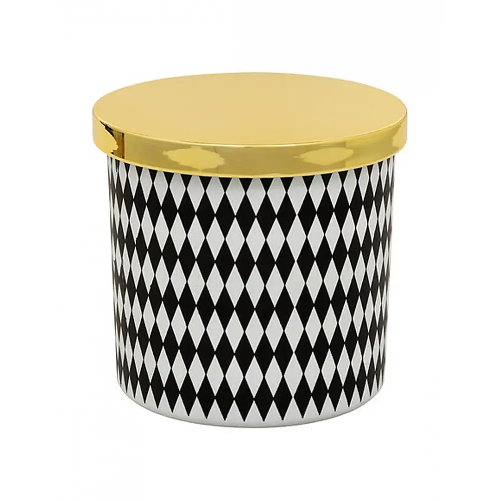 Κερί σε κεραμικό βάζο/μαυρόασπροι ρόμβοι/χρυσό καπάκι 260g/Φ10,7Η10cm