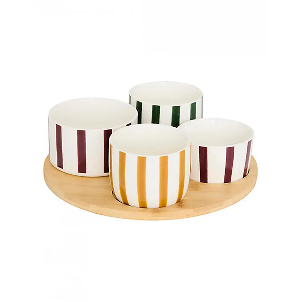 Μπωλ σερβιρίσματος 4 ριγέ σε bamboo βάση 25x7,5cm