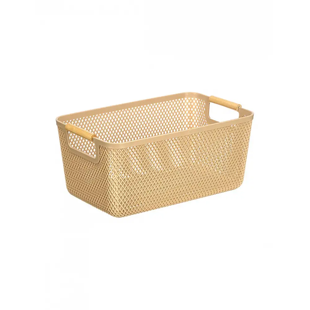 Καλάθι μπεζ πλαστικό/bamboo χερούλια 27,5X18cm