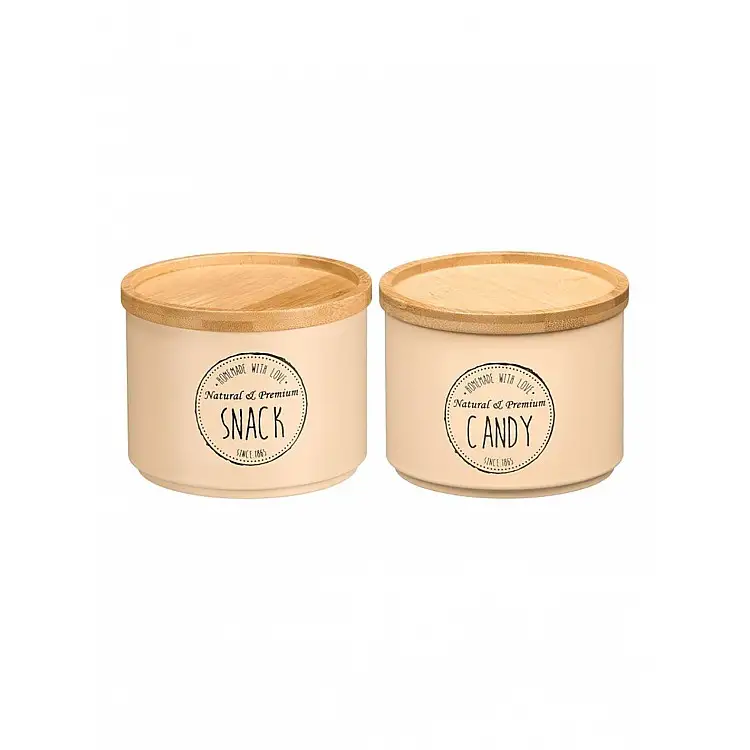 Κουτί αποθήκευσης μεταλλικό μπεζ/bamboo καπάκι 2σχέδια 12,7x10cm
