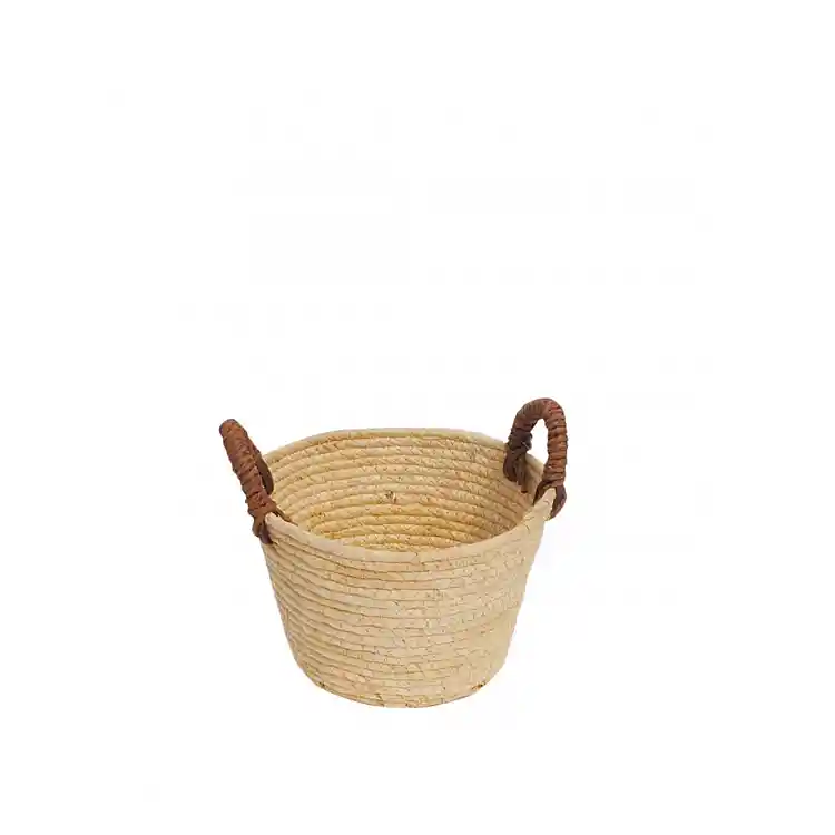 Καλάθι ψάθινο εκρού/καφέ χερούλια Φ20Η14,5/21,5cm