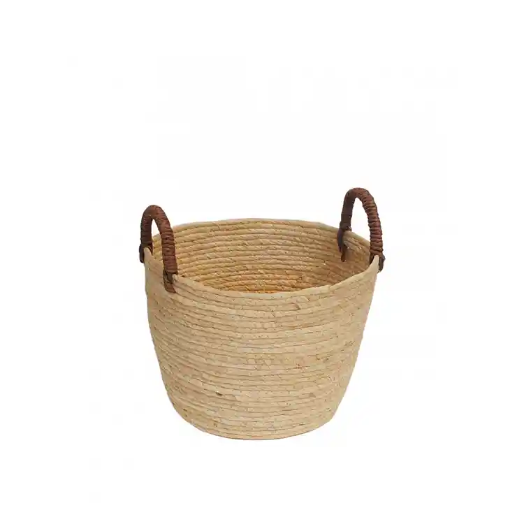 Καλάθι ψάθινο εκρού/καφέ χερούλια Φ30Η24/33cm