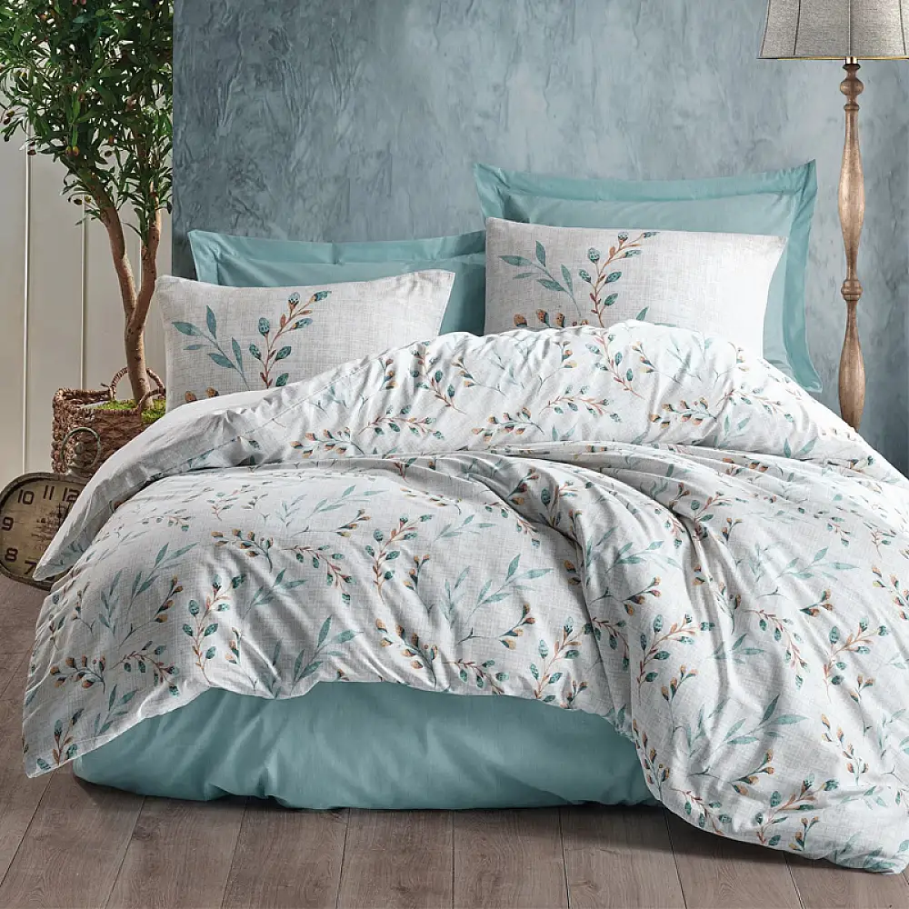 Σετ παπλωματοθήκη Lendell Cotton Box 3 τμχ Μονή (160x220) χρώμα μέντα - λευκό | 129CTN2586