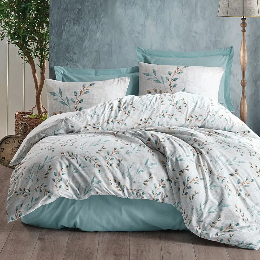 Σετ παπλωματοθήκη Lendell Cotton Box 4 τμχ Διπλή (200x220) χρώμα μέντα - λευκό | 129CTN3870