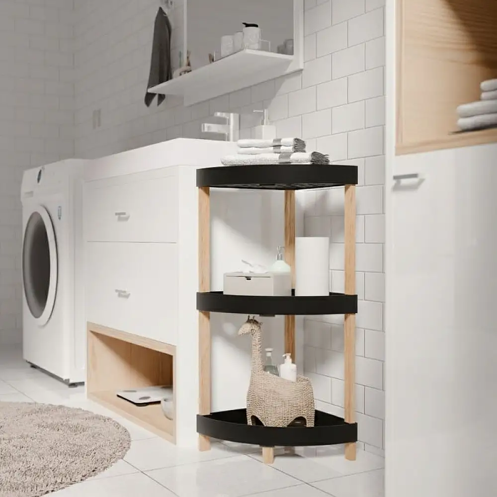 Ραφιέρα δαπέδου γωνιακή πλαστική - ξύλινη χρώμα φυσικό - μαύρο 44x32x79εκ. | FIX-2002-BL