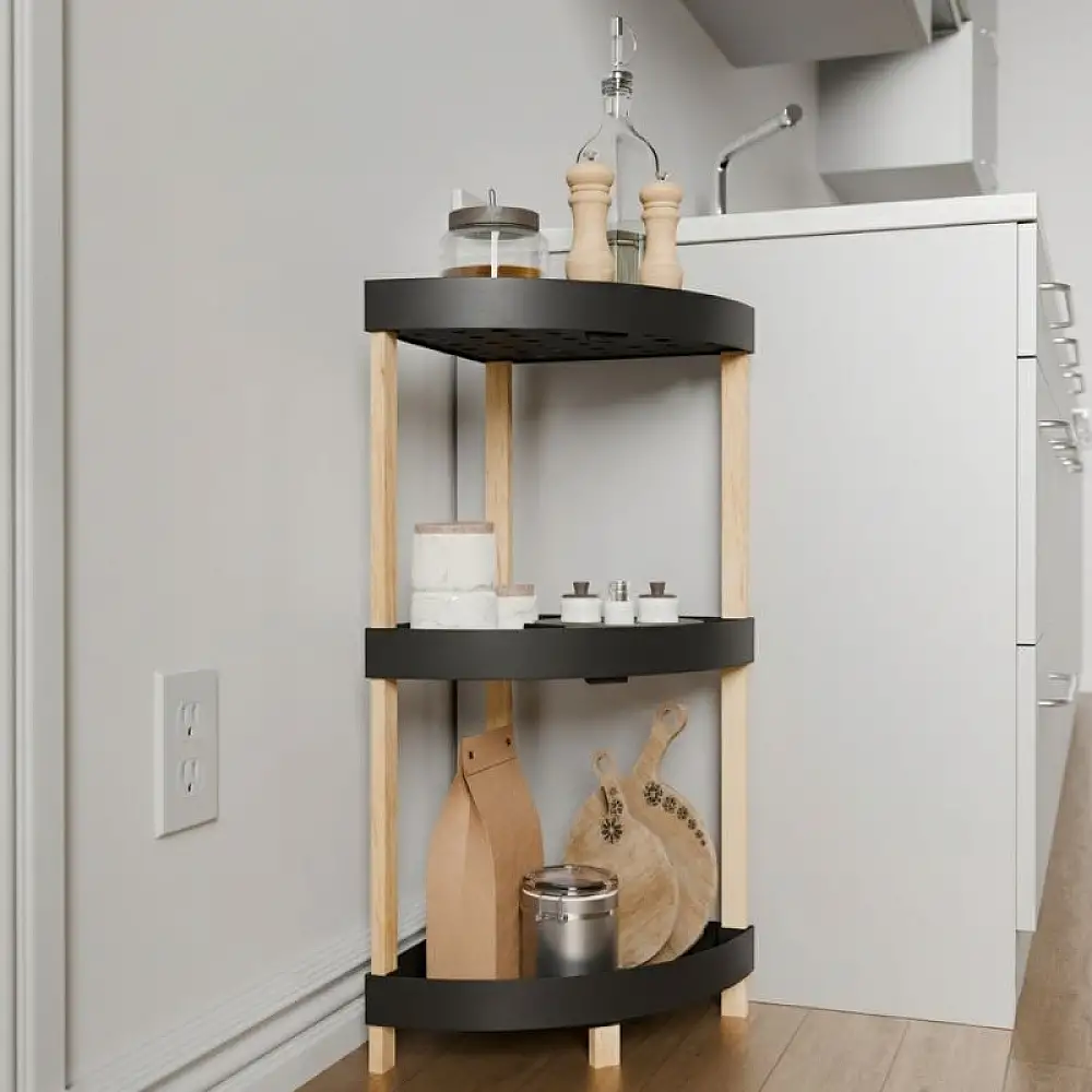 Ραφιέρα δαπέδου γωνιακή πλαστική - ξύλινη χρώμα φυσικό - μαύρο 44x32x79εκ. | FIX-2002-BL