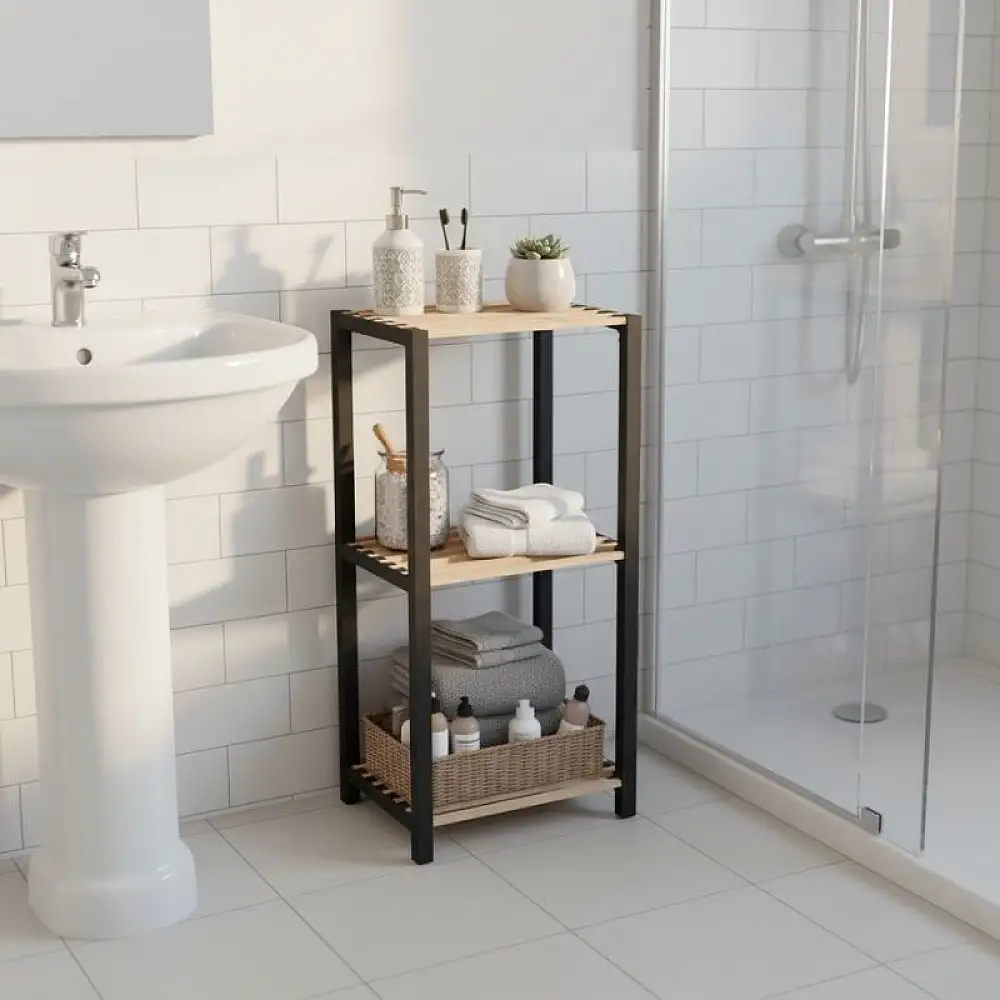 Ραφιέρα δαπέδου - Κομοδίνο ξύλινο - πλαστικό χρώμα φυσικό - μαύρο 37x29x79εκ. | FIX-2003-BL