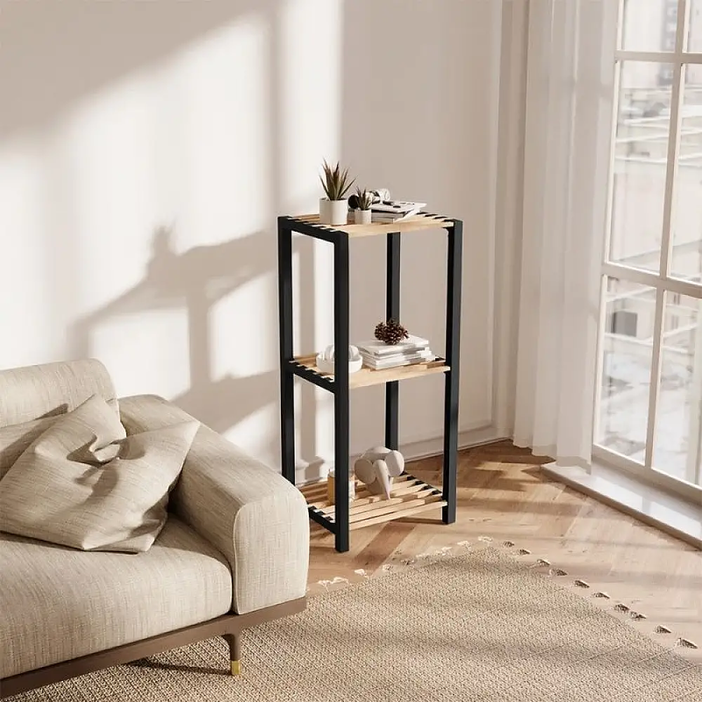 Ραφιέρα δαπέδου - Κομοδίνο ξύλινο - πλαστικό χρώμα φυσικό - μαύρο 37x29x79εκ. | FIX-2003-BL