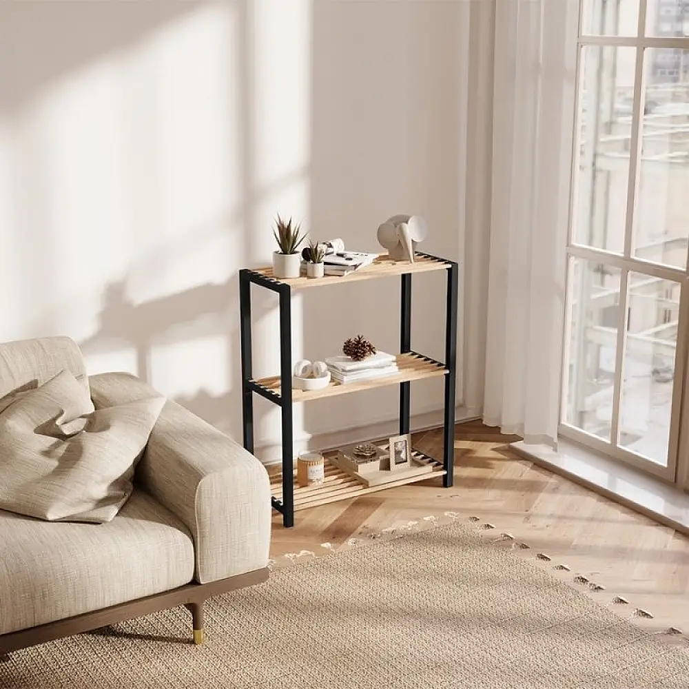 Ραφιέρα δαπέδου - Τραπεζάκι βοηθητικό ξύλινο - πλαστικό χρώμα φυσικό - μαύρο 65x29x78εκ. | FIX-2004-BL