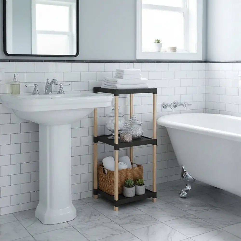 Ραφιέρα δαπέδου πλαστική - ξύλινη χρώμα φυσικό - μαύρο 28x25x72εκ. | FIX-2011-3-BL