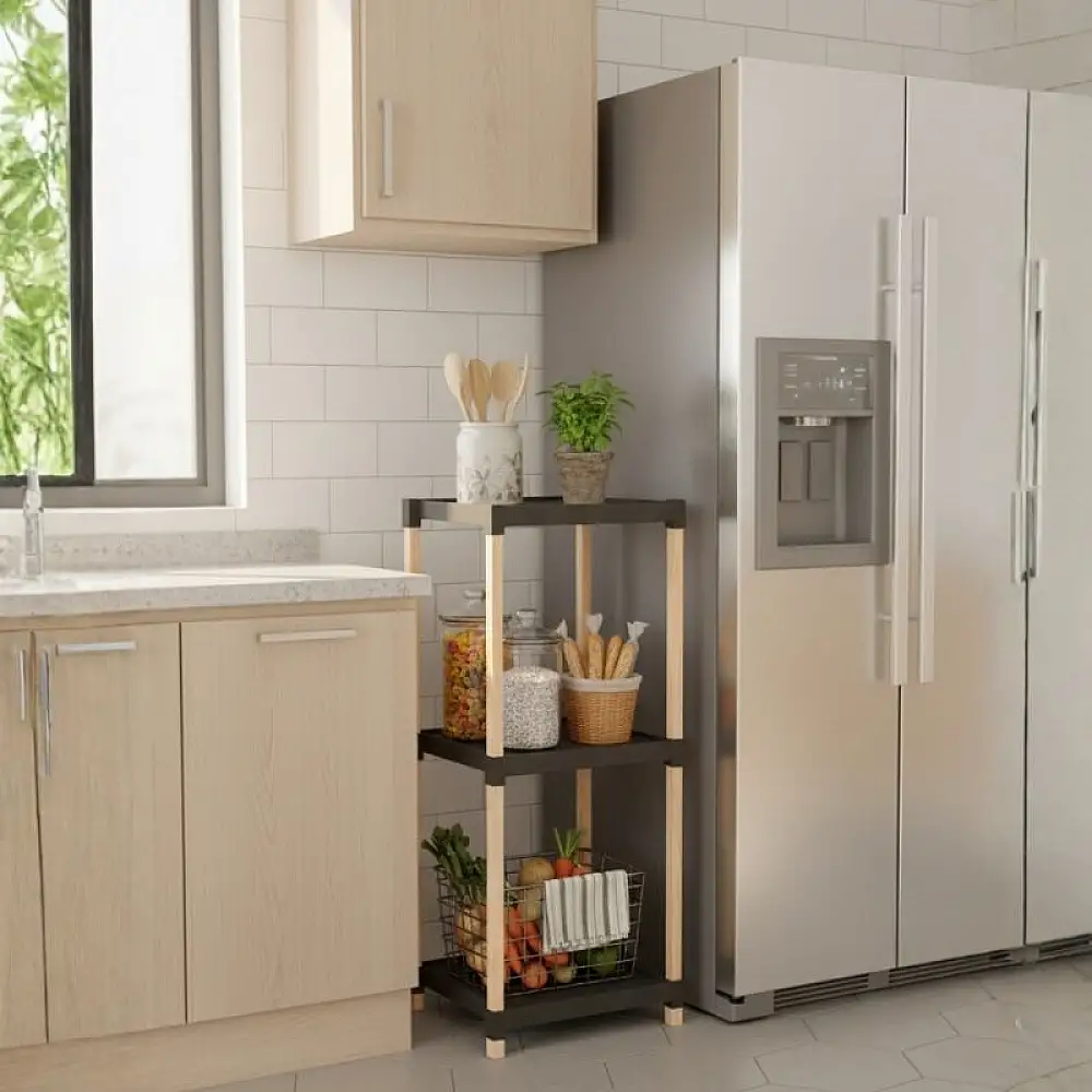 Ραφιέρα δαπέδου πλαστική - ξύλινη χρώμα φυσικό - μαύρο 28x25x72εκ. | FIX-2011-3-BL