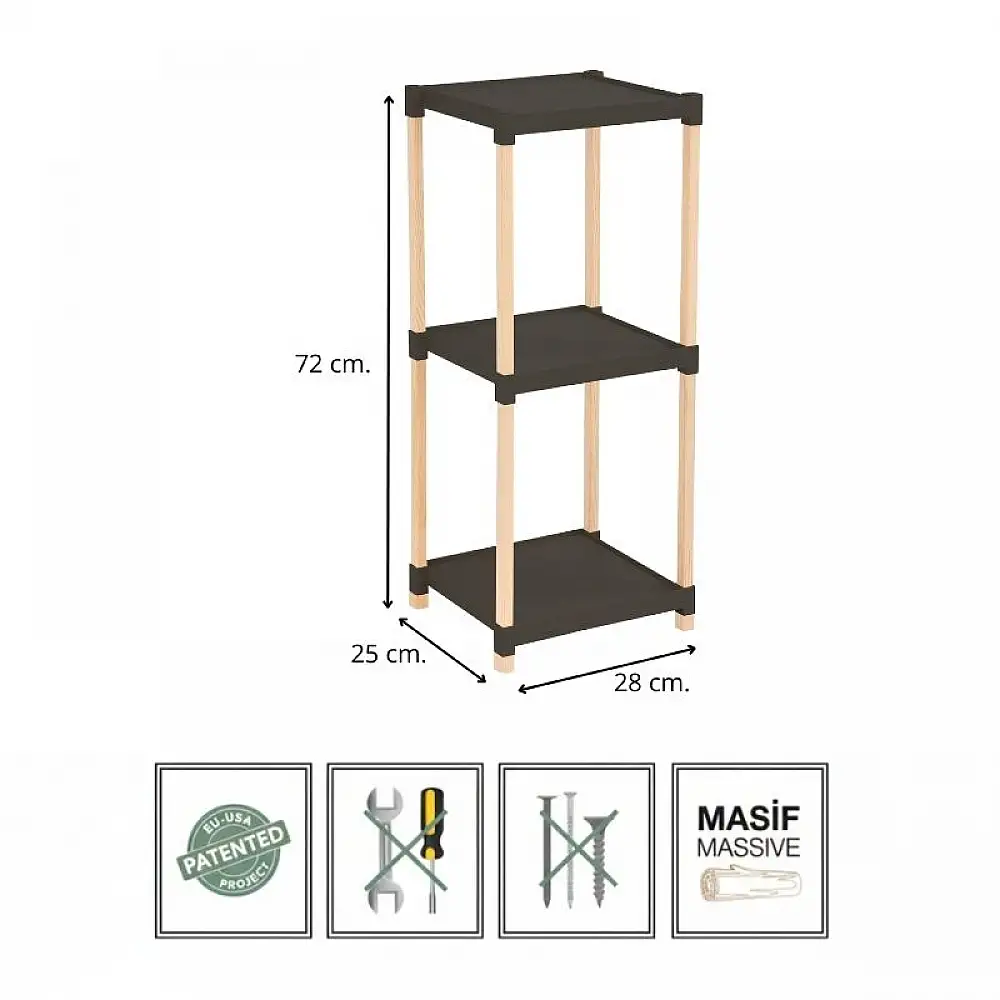 Ραφιέρα δαπέδου πλαστική - ξύλινη χρώμα φυσικό - μαύρο 28x25x72εκ. | FIX-2011-3-BL
