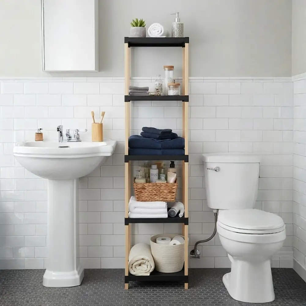 Ραφιέρα δαπέδου πλαστική - ξύλινη χρώμα φυσικό - μαύρο 28x25x137εκ. | FIX-2011-5-BL