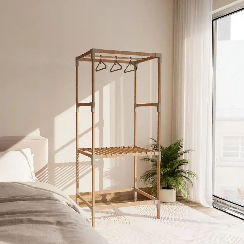 Ντουλάπα ρούχων ανοιχτή - Έπιπλο εισόδου ξύλινο - πλαστικό χρώμα φυσικό - μπεζ 75x46x156εκ. | FIX-2035