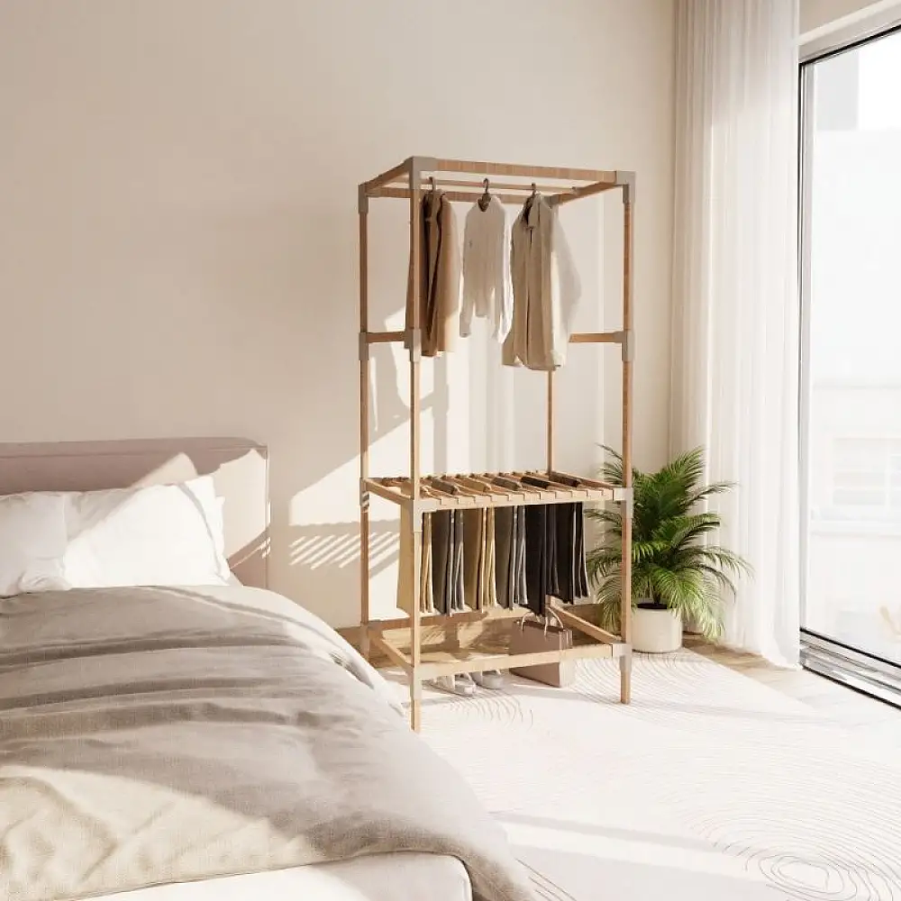 Ντουλάπα ρούχων ανοιχτή - Έπιπλο εισόδου ξύλινο - πλαστικό χρώμα φυσικό - μπεζ 75x46x156εκ. | FIX-2035