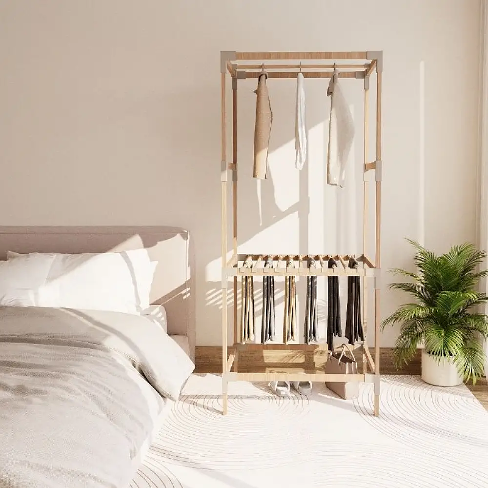 Ντουλάπα ρούχων ανοιχτή - Έπιπλο εισόδου ξύλινο - πλαστικό χρώμα φυσικό - μπεζ 75x46x156εκ. | FIX-2035