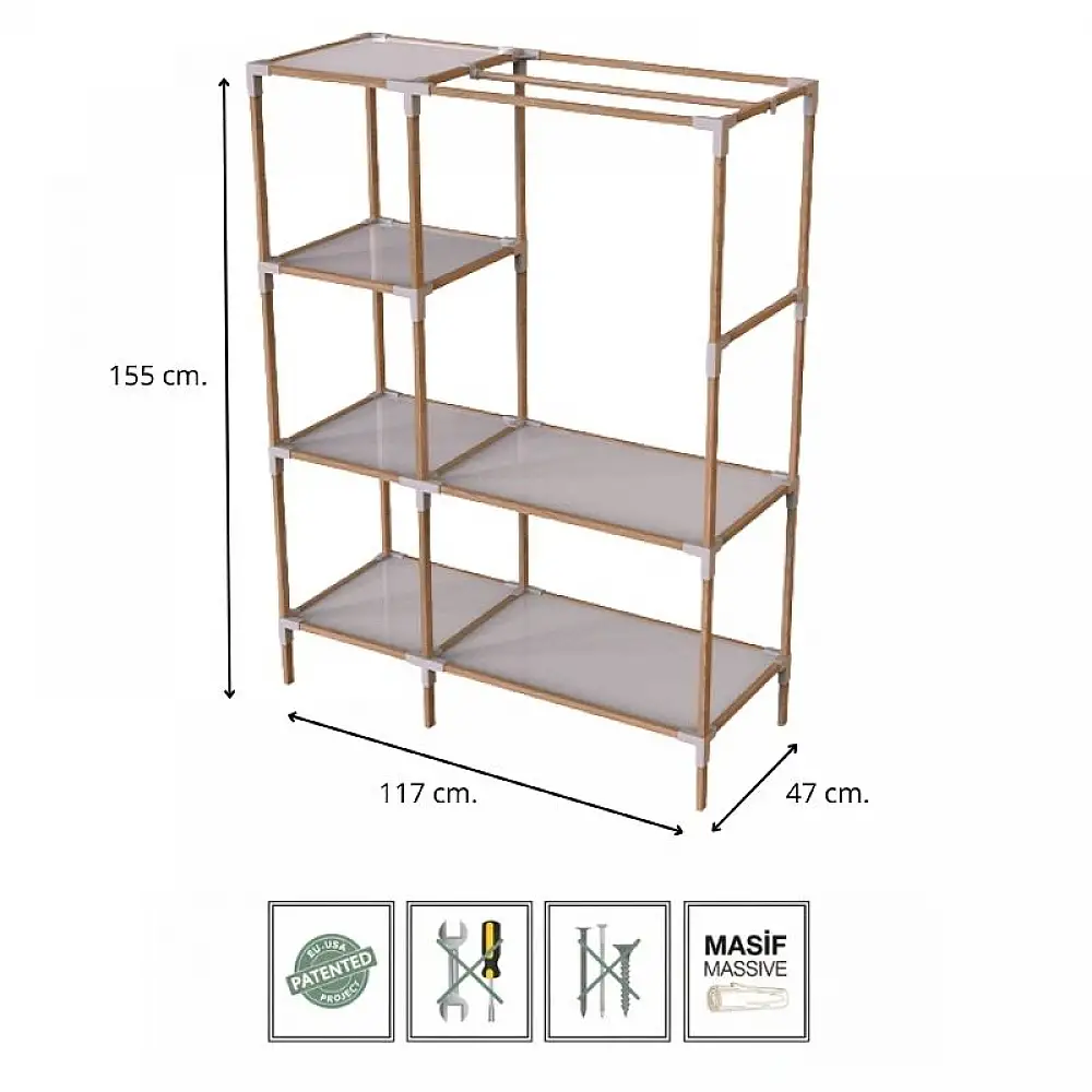 Ντουλάπα ρούχων ανοιχτή - Έπιπλο εισόδου ξύλινο - πλαστικό χρώμα φυσικό - μπεζ 117x47x155εκ. | FIX-2036-1