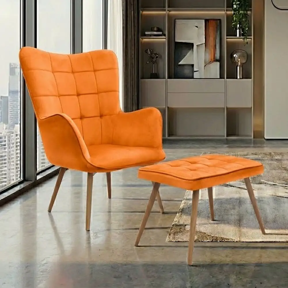 Πολυθρόνα - Μπερζέρα με υποπόδιο Lily Megapap κροκί βελούδο - μεταλλικό πόδι χρώμα φυσικό 70x62x98εκ. | GP001-0060,1